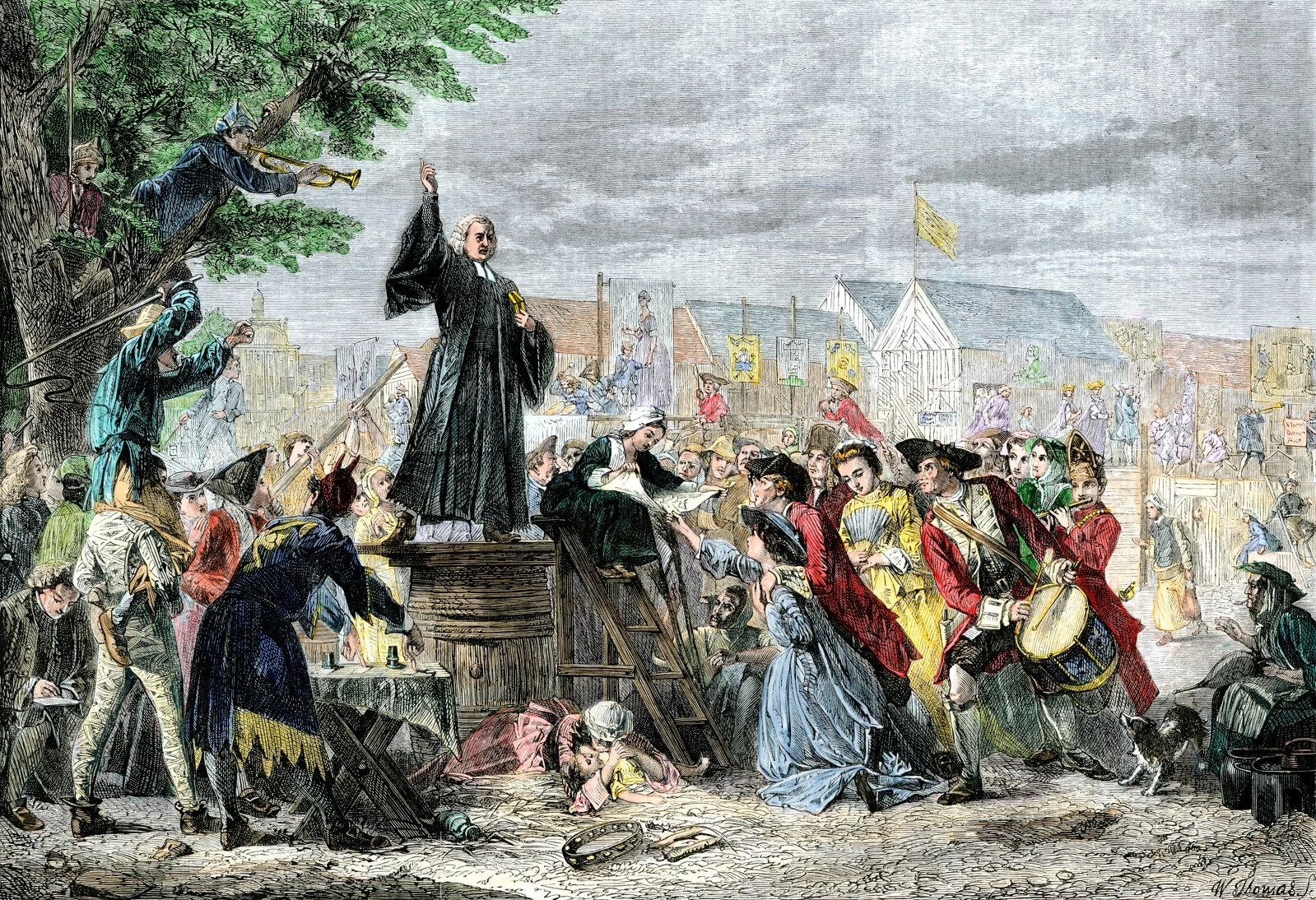 ADEKXM George Whitefield preaching in Moorfields London 1742. Hand-colored woodcut 2024/04/ADEKXM.jpg 