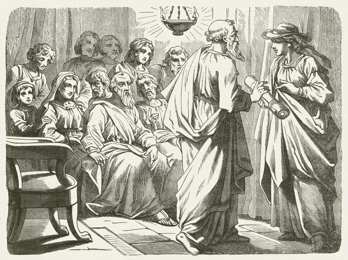 Paul gives Phoebe the letter to the Roman christians. (Romans, Chapter 16). Wood engraving after a drawing by Julius Schnorr von Carolsfeld (German painter, 1794 - 1872), published in 1877. 2024/04/GettyImages-184912219.jpg 