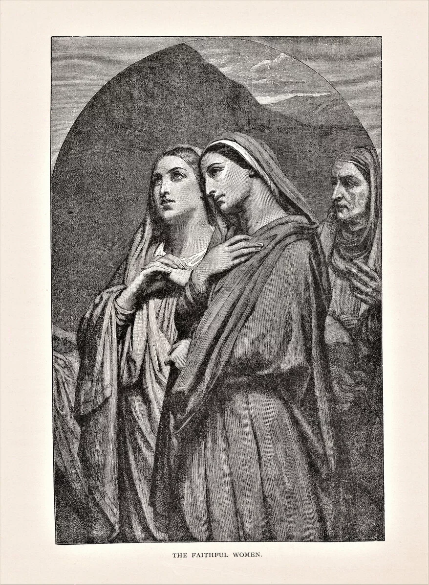 Three Middle Eastern women. Text and cutline doesn't say who the women are, just they are faithful to Jesus. They may be the three Marys at the cross: Mary (mother of Jesus), Mary Magdalene, Mary of Cleofas. Illustration published in The Life of Christ by Louise Seymour Houghton (American Tract Society: New York) in 1890. Copyright expired; artwork is in Public Domain. Digitally restored. 2024/04/iStock-1299672788.jpg 